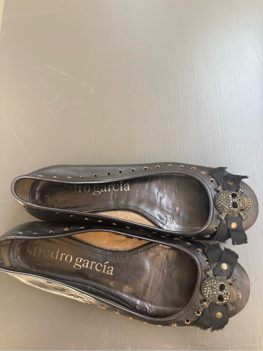 Pedro Garcia Black Studded Bow Flats with Rhinestone Skull Accent